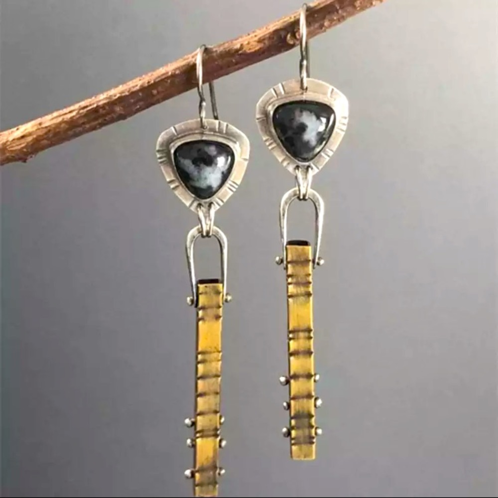 Bohemian Dangle Grey Gold & Silver Hoop Long Drop Earrings